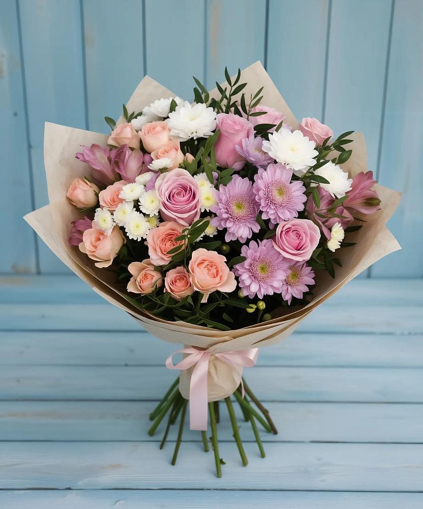 Букет цветов из: Хризантемы, Розы и Альстромерии в Славске