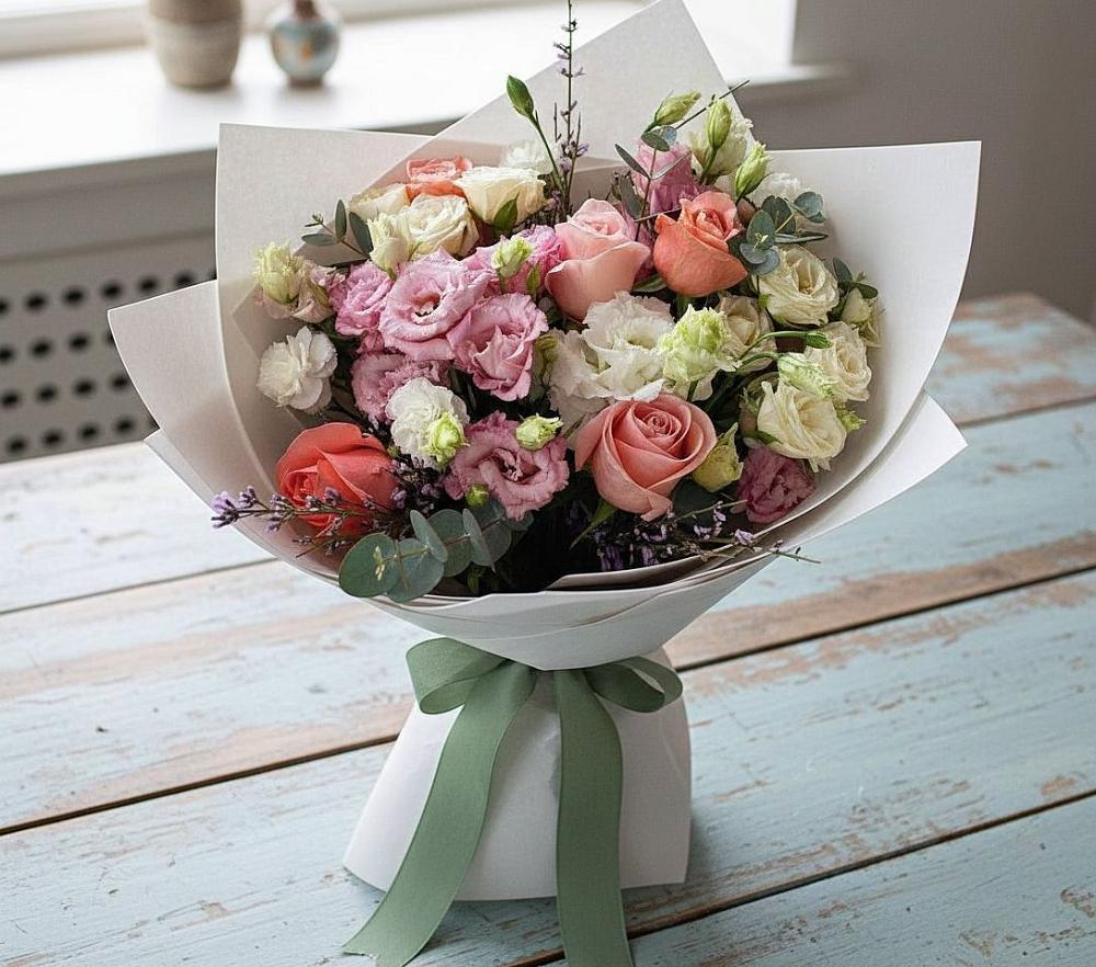 Букет цветов из: Розы, Лизиантусы и Гвоздики в Славске