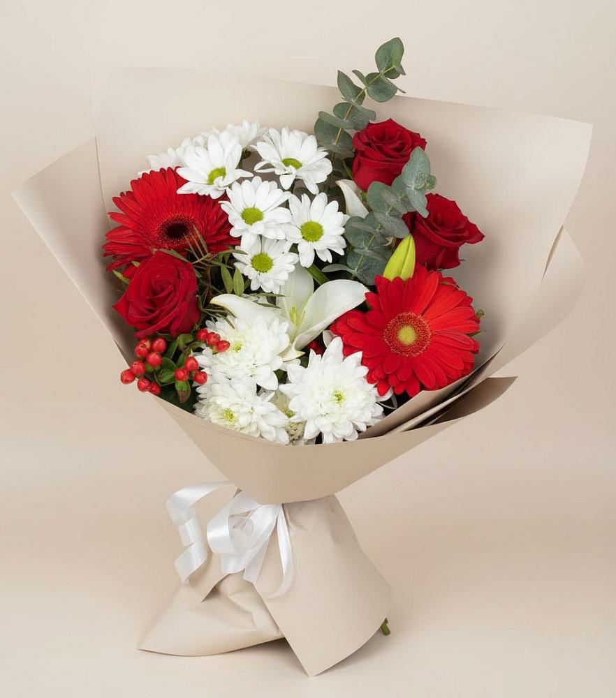 Букет цветов из: Розы, Хризантемы, Герберы и Лилии в Славске