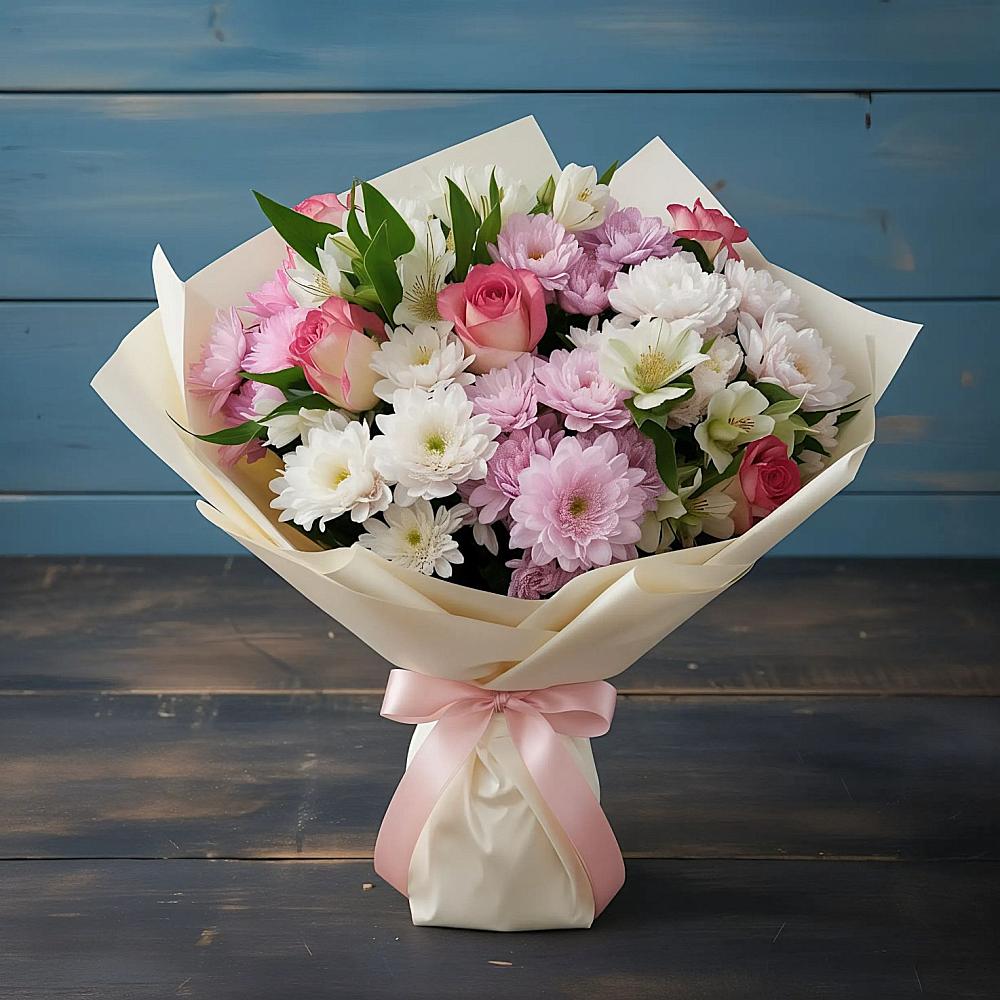 Букет цветов из: Хризантемы, Альстромерии и Розы в Славске